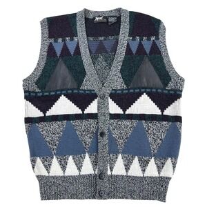 Impact Vintage Sweater Vest Men's LARGE Geometric Acrylic Leather Button 90s Y2K